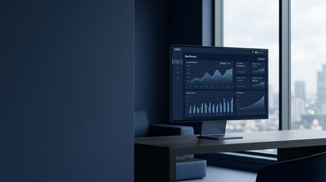 AIRA-dashboard op een monitor in een modern accountantskantoor