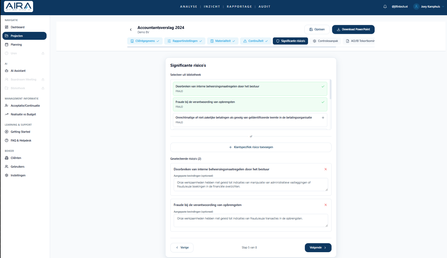 Accountantsverslag invoerscherm met bibliotheek van significante risico's
