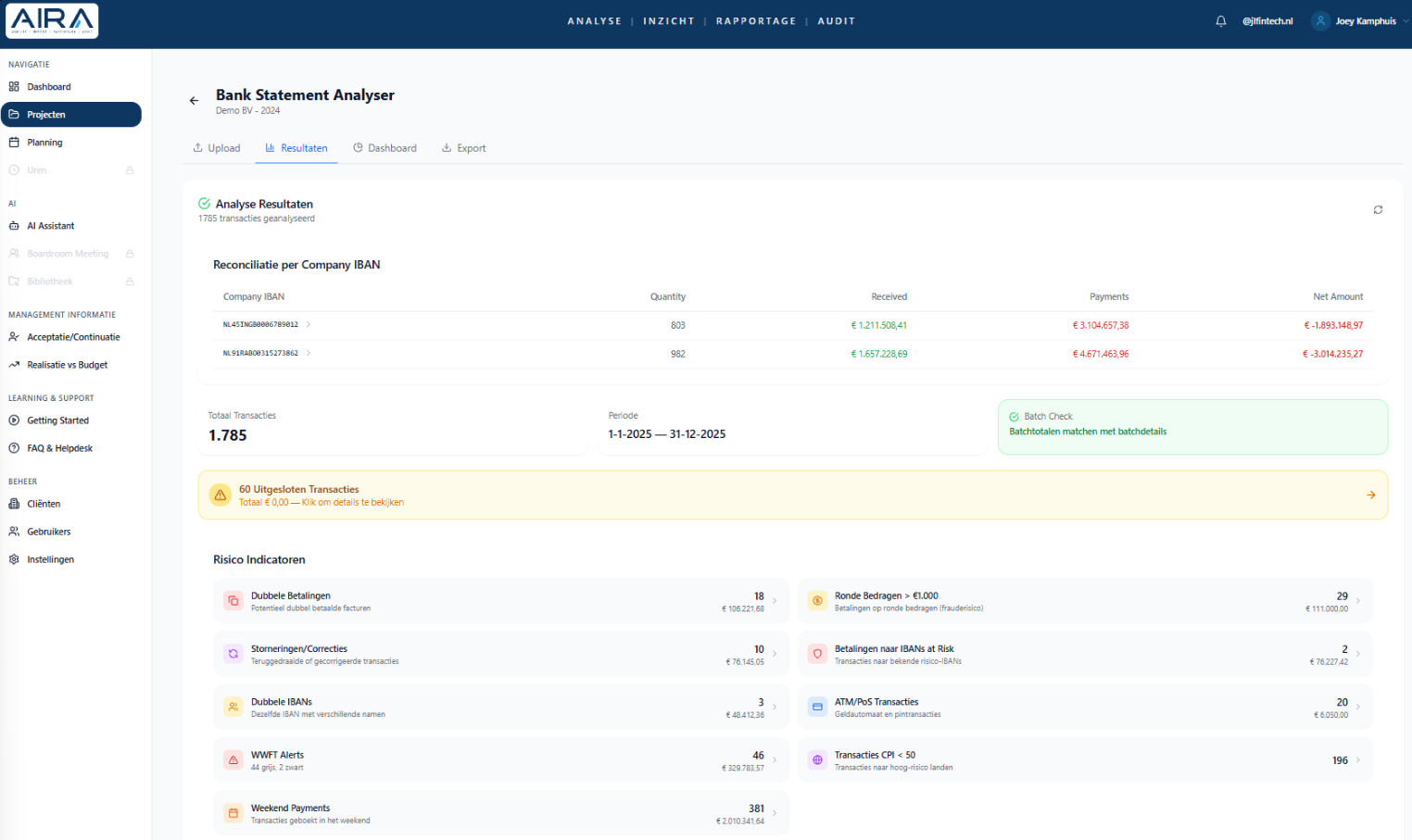 Bank Statement Analyser resultaten met reconciliatie en risico-indicatoren